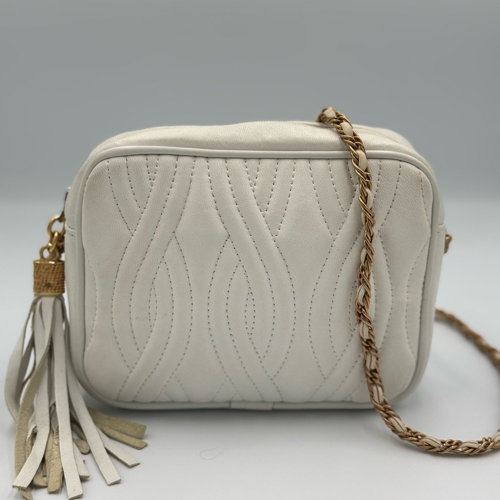 L.J. Simone Cream Quilted Crossbody Bag with Tassel and Chain Strap